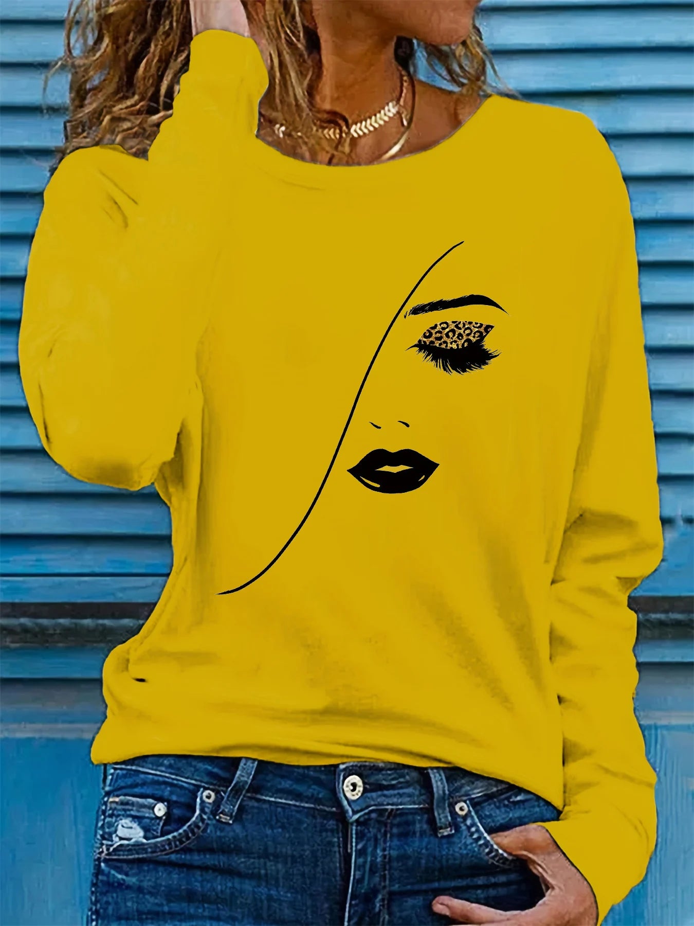 100% pure cotton women's spring and autumn comfortable casual long sleeved portrait print round neck T-shirt