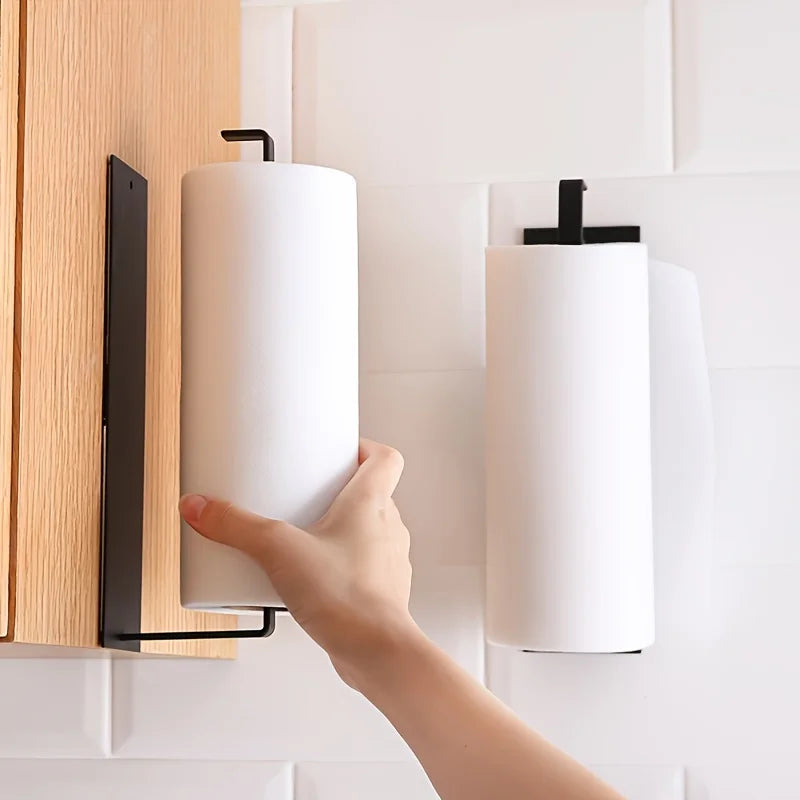 No Drill Adhesive Kitchen Carbon Steel Paper Towel Holder Household Roll Paper Hanger Plastic Wrap Rag Storage Rack