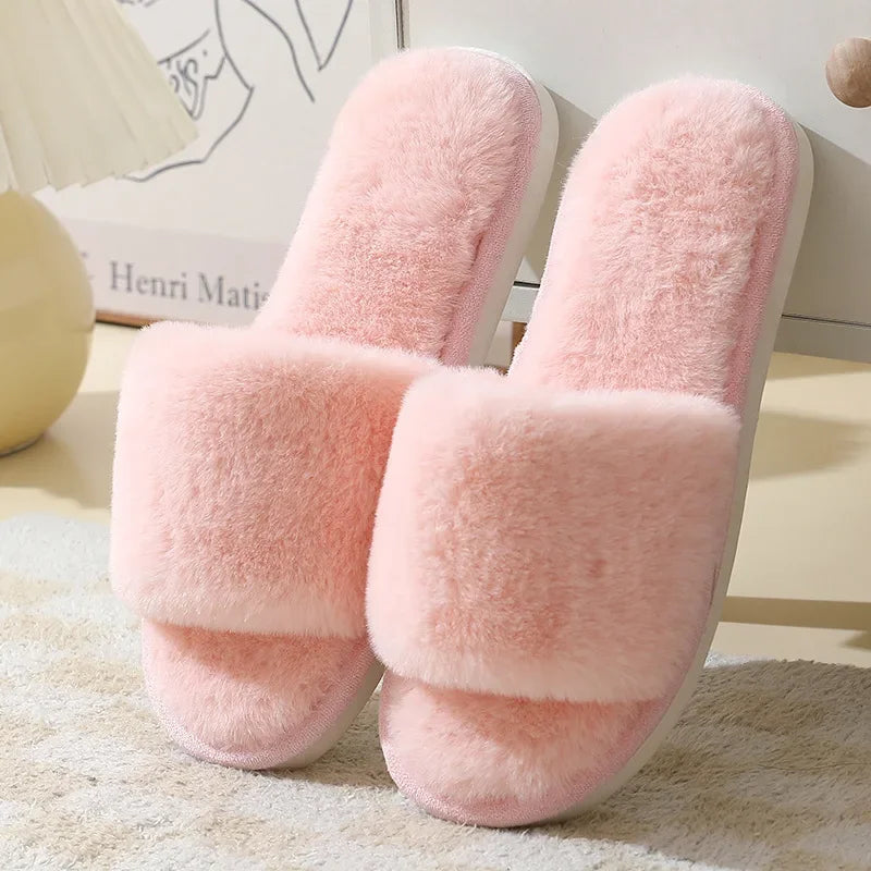 Women's Winter Open Toe House Slippers Fluffy Faux Fur Cross Strap Plush Slides Woman Solid Color Cozy Non Slip Indoor Slippers