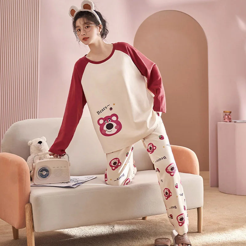 Women's Fall Winter Pajamas Women's Long-sleeved Pants Leisure Suit Women's Homewear Combed Cotton Cute Cartoon Homewear Suit Ms