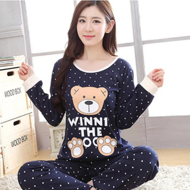 Autumn Thin 2pieces Pyjamas Set Women Round Neck Girls Bear Pajamas Sets Teacup Cat Full Sleepwear Tops lovers Pajama Mujer