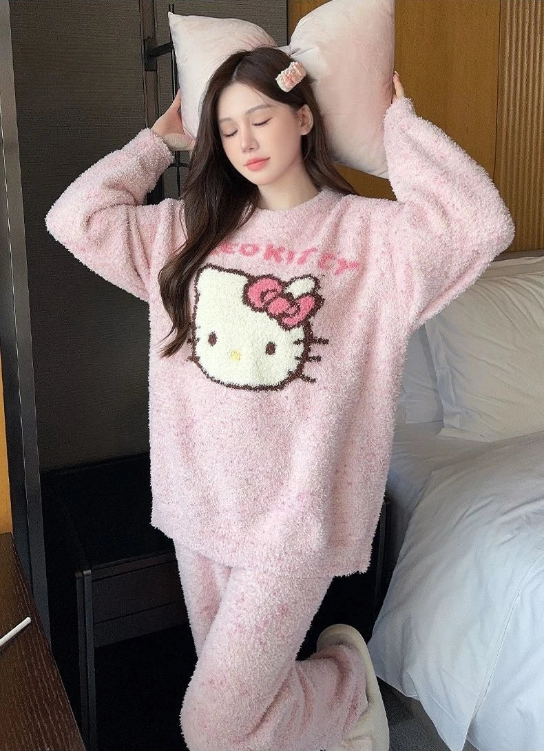 Hello Kitty Women's Fall Winter Coral Fleece Plush Pajama Set Soft Fluffy Cozy Sleepwear & Home Loungewear