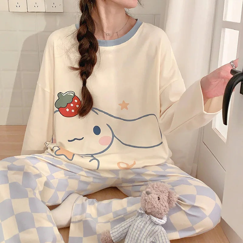 Women's Fall Winter Pajamas Women's Long-sleeved Pants Leisure Suit Women's Homewear Combed Cotton Cute Cartoon Homewear Suit Ms