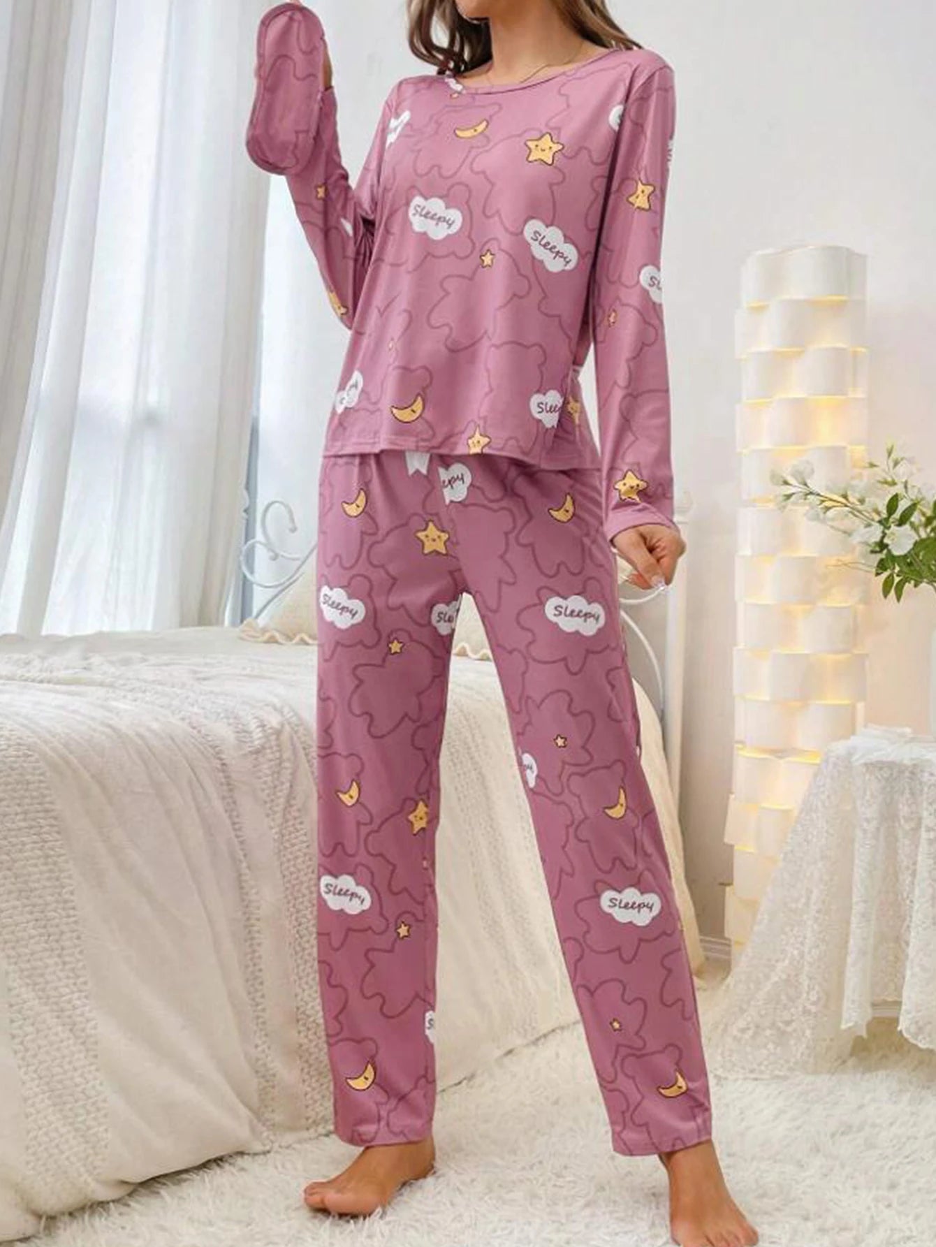 Women Pajama Set Cloud Moon Star Print Long Sleeve Round Crew Neck Top Elastic Pant  With Eye Mask Women's Sleepwear Loungerwear