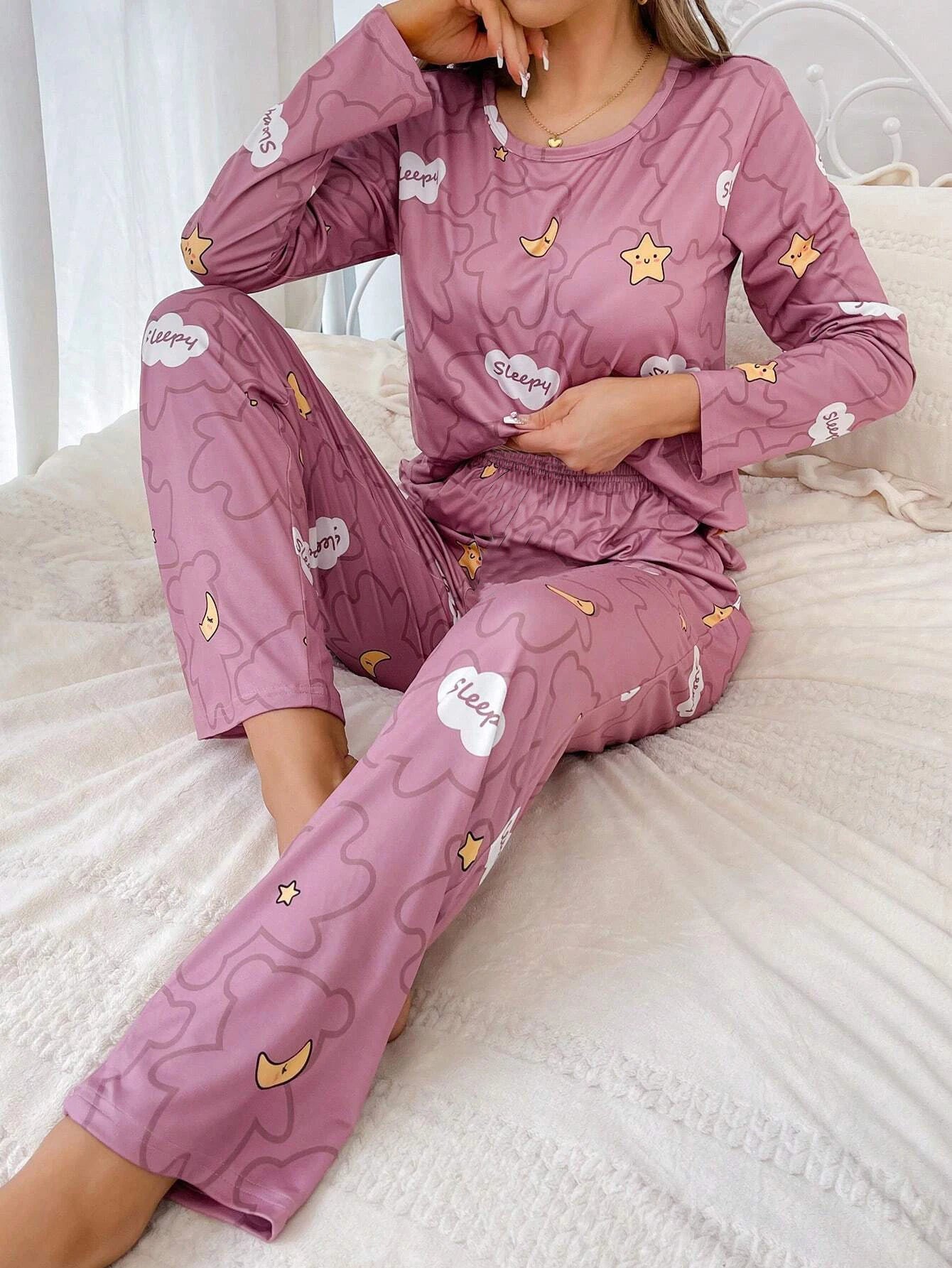 Women Pajama Set Cloud Moon Star Print Long Sleeve Round Crew Neck Top Elastic Pant  With Eye Mask Women's Sleepwear Loungerwear