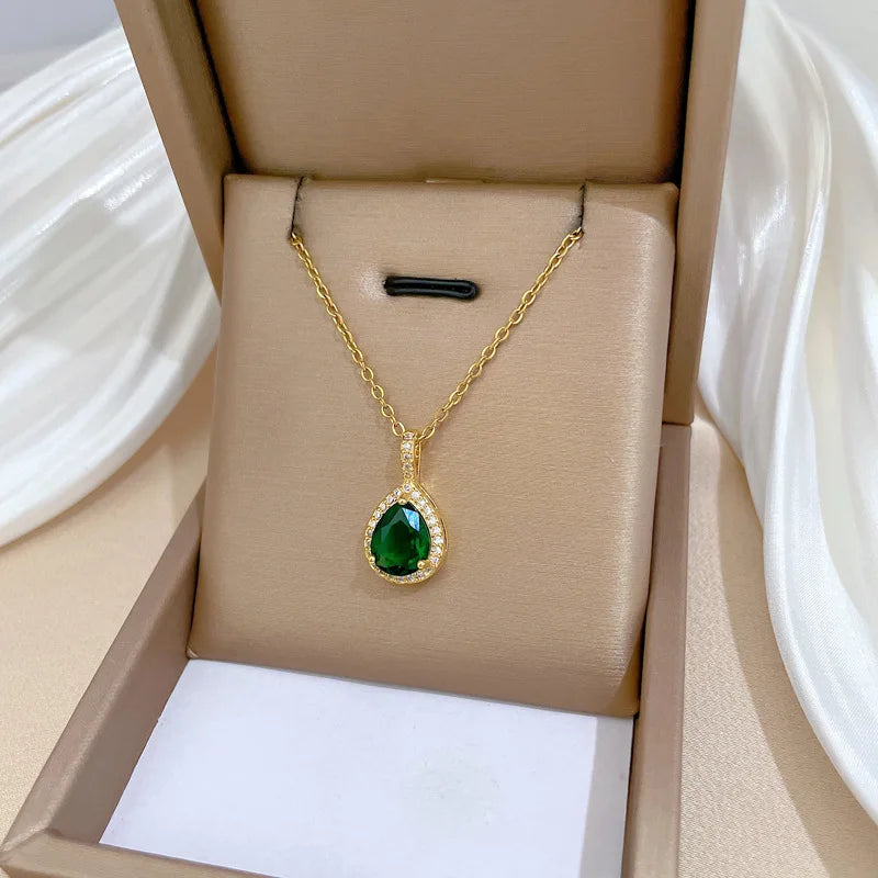 Luxury Water Drop with Green Stone Pendant Necklace Earrings Set for Women Trend Crystal Stainless Steel Jewelry Sets Party Gift