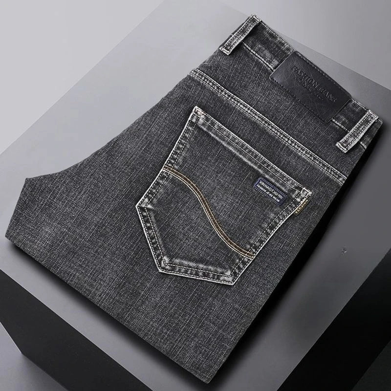 Autumn Winter Cotton Gray Mens Slim Fit Straight Jeans Business Casual Elastic All-match Fashion Pants Denim Trousers Male Brand