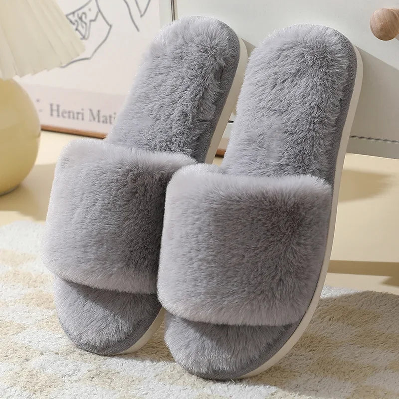 Women's Winter Open Toe House Slippers Fluffy Faux Fur Cross Strap Plush Slides Woman Solid Color Cozy Non Slip Indoor Slippers