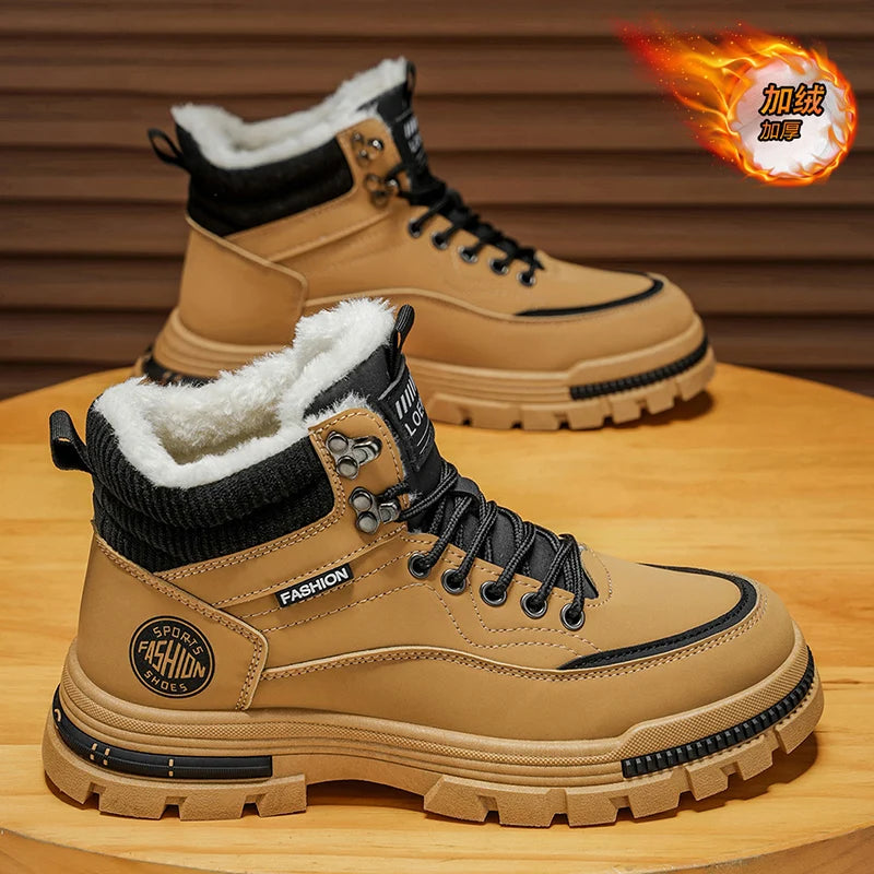 Men's Winter Fleece-Lined Warm High-Top Martin Boots, Thickened Cotton Shoes, Outdoor Non-Slip and Wear-Resistant Tooling Boots