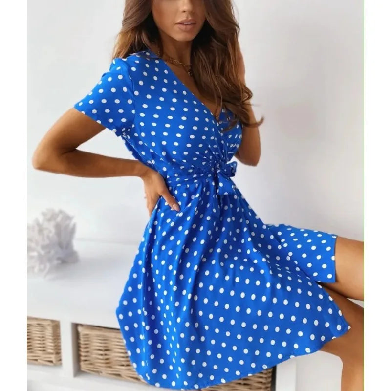 Women's Polka Dot Printed Short Sleeved Casual Dress Fashionable V-neck Belt Commuting Dress Holiday Party Women's Dress