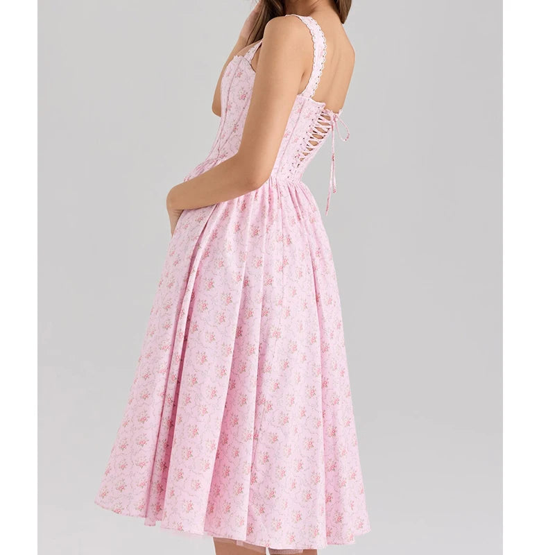 Elegant Women Pink Floral Print Sling Midi Long Dress Sexy Low Waist O Neck A-line Summer Dresses Chic Lady Vacation Party Robe