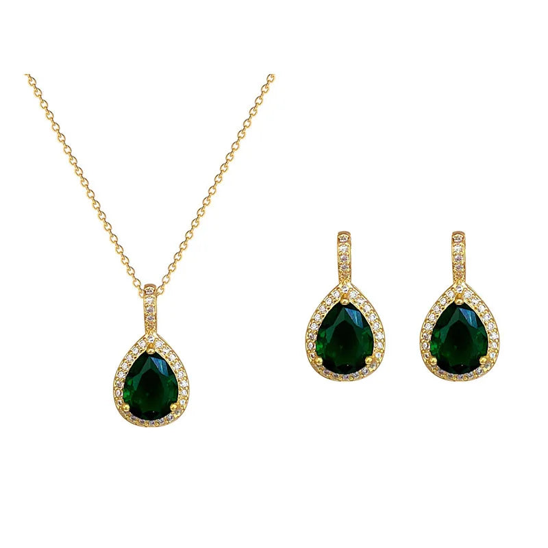 Luxury Water Drop with Green Stone Pendant Necklace Earrings Set for Women Trend Crystal Stainless Steel Jewelry Sets Party Gift