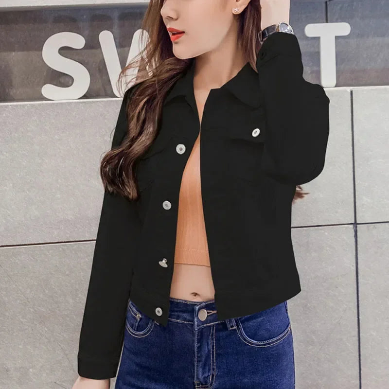 New Long Sleeve Winter Slim White Black Jeans Jacket for Women Solid Denim Woman Tops Short Coat Ladies Jackets Outerwear  4866