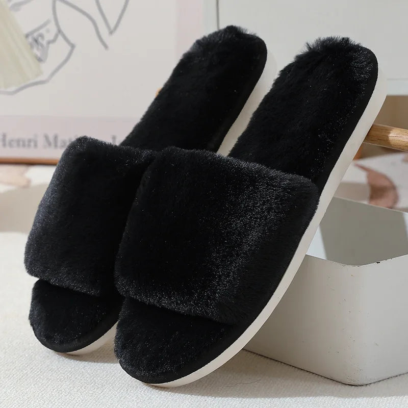Women's Winter Open Toe House Slippers Fluffy Faux Fur Cross Strap Plush Slides Woman Solid Color Cozy Non Slip Indoor Slippers