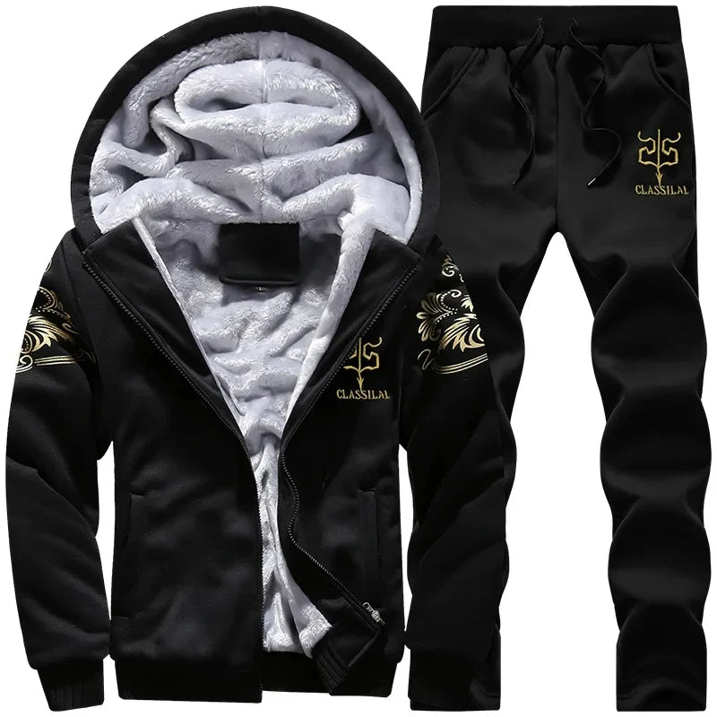 Autumn Winter Men's Sports Sets Casual Hooded Cardigan Jacket Outdoor Thick Warm Tracksuit Men Zip Up Hoodie+Pants Two-piece Set