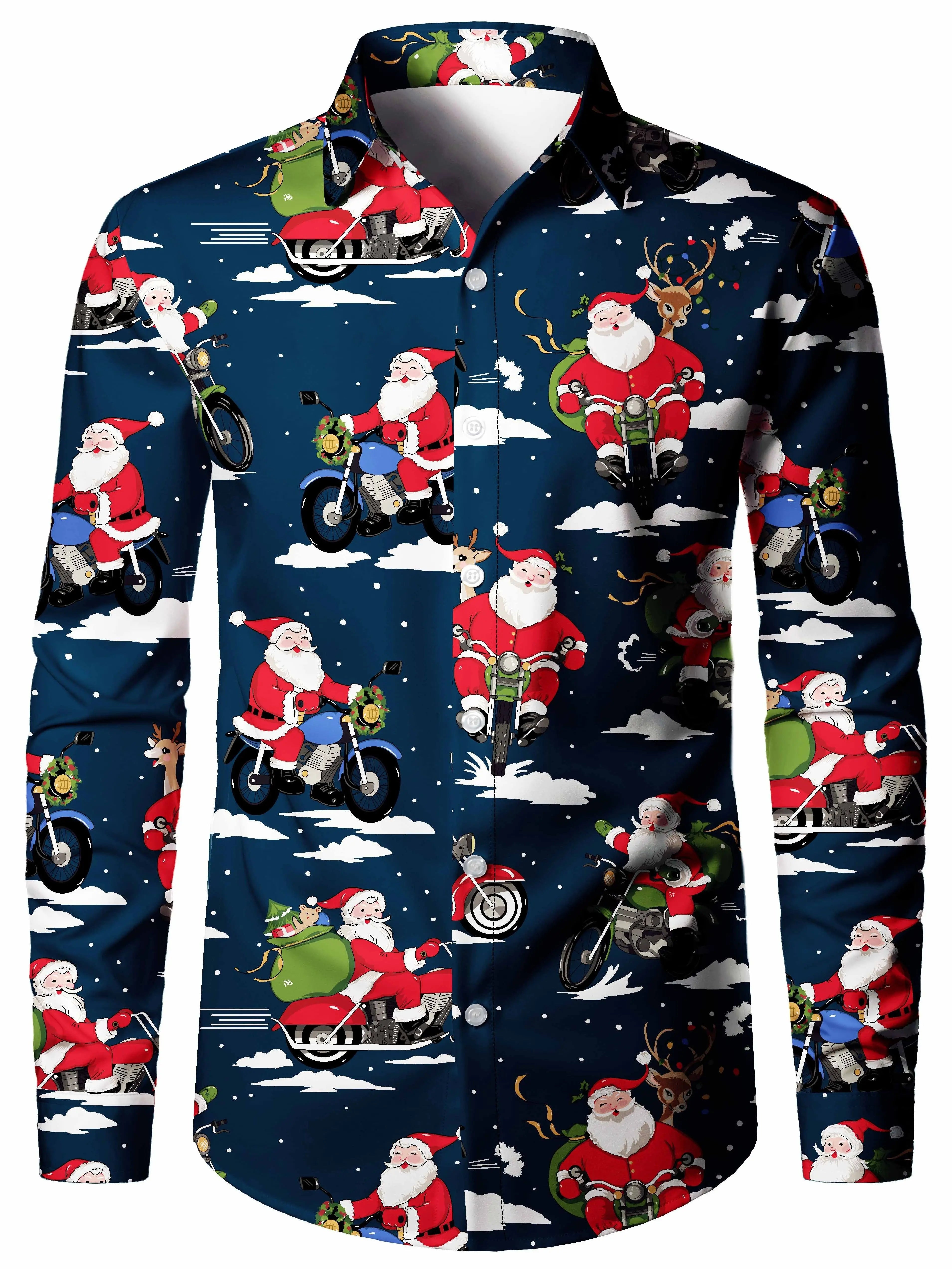Christmas Theme Fashion Men's Casual Long Sleeve Shirt Breathable Tops Santa Claus Themed Stylish Pattern Full Sleeve Shirts