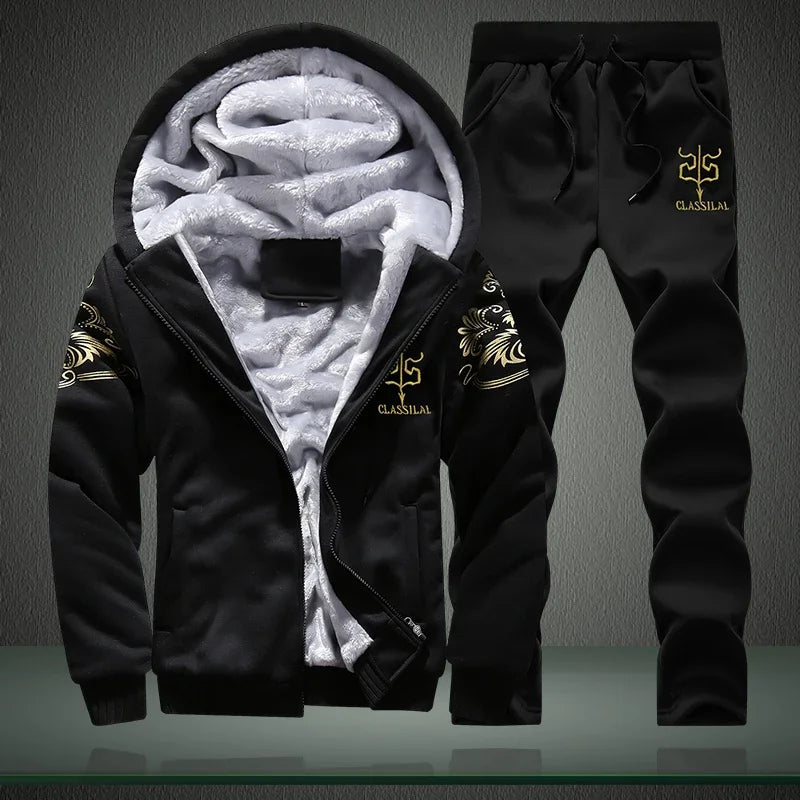 Autumn Winter Men's Sports Sets Casual Hooded Cardigan Jacket Outdoor Thick Warm Tracksuit Men Zip Up Hoodie+Pants Two-piece Set
