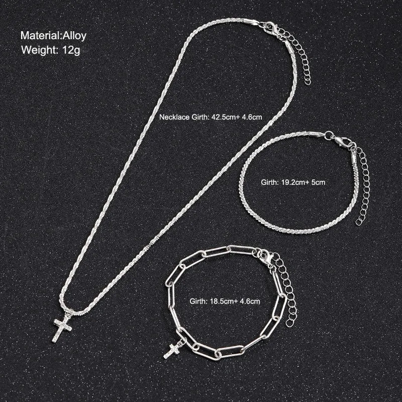 Sparkling 925 Sterling Silver Gypsophila Necklace Bracelet Set For Women Luxury Zircon Cross Pendant Three Piece Jewelry Set