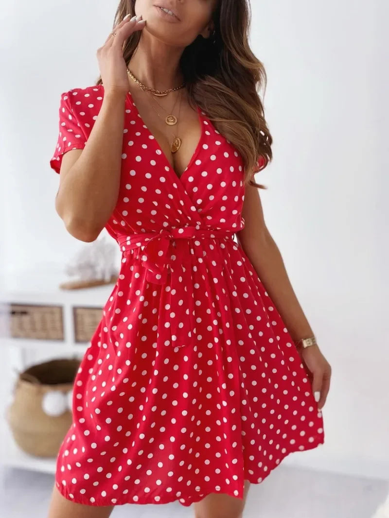 Women's Polka Dot Printed Short Sleeved Casual Dress Fashionable V-neck Belt Commuting Dress Holiday Party Women's Dress