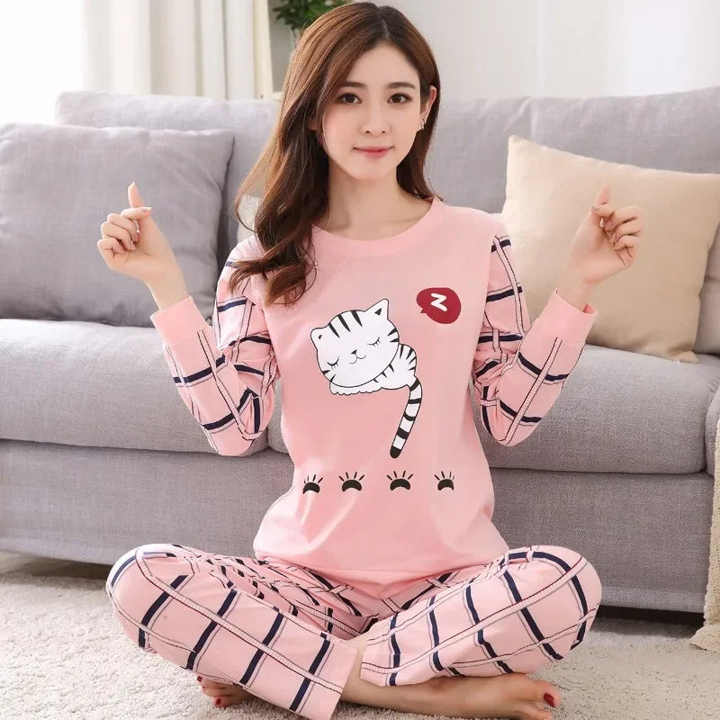 Autumn Thin 2pieces Pyjamas Set Women Round Neck Girls Bear Pajamas Sets Teacup Cat Full Sleepwear Tops lovers Pajama Mujer