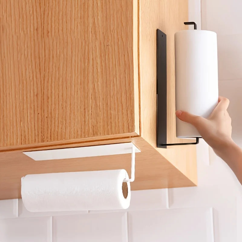No Drill Adhesive Kitchen Carbon Steel Paper Towel Holder Household Roll Paper Hanger Plastic Wrap Rag Storage Rack