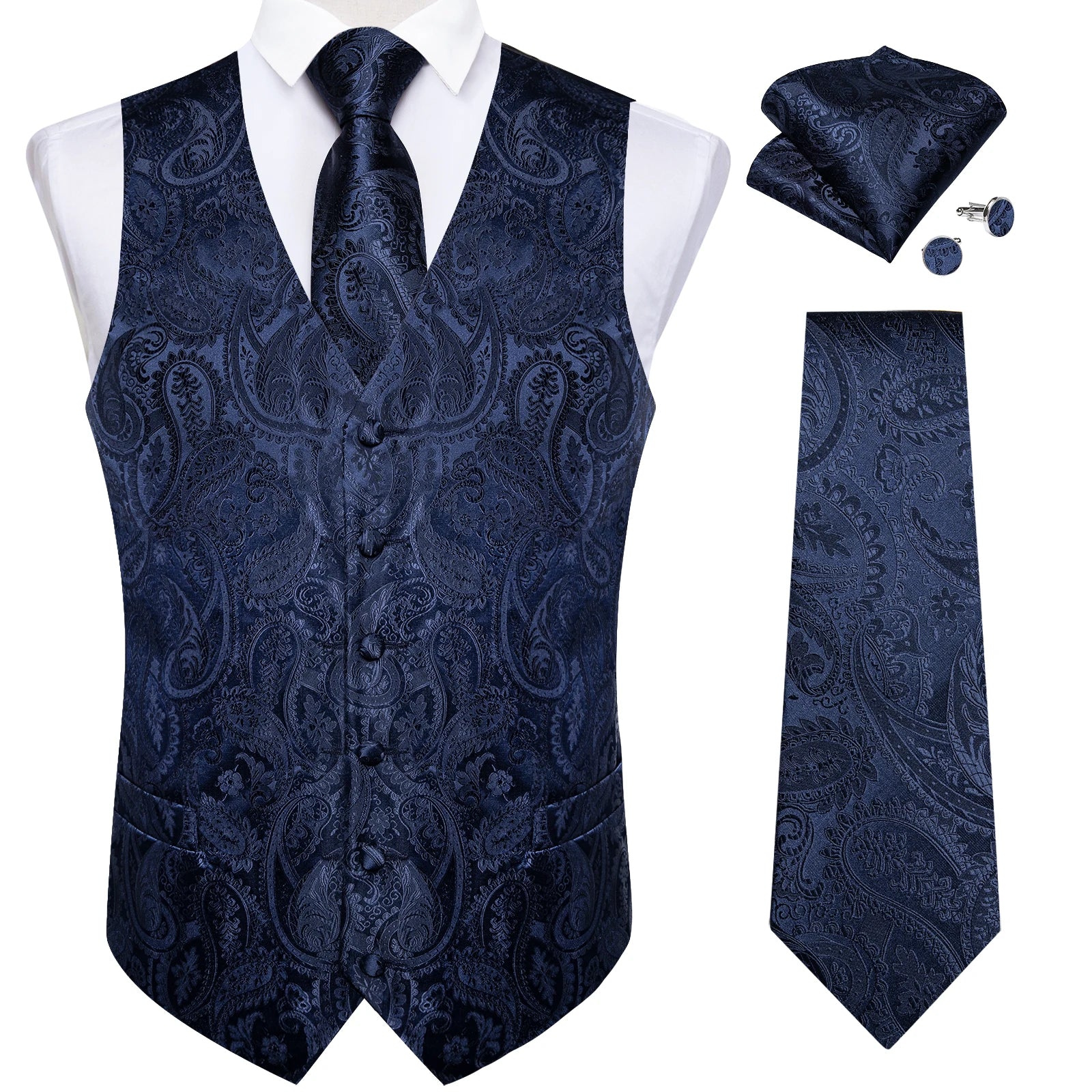 Luxury Paisley Men's Suit Vest Black Pink Red Wedding Prom Tuxedo Waistcoat Necktie Handkerchief Cufflink Sleeveless Jacket Vest