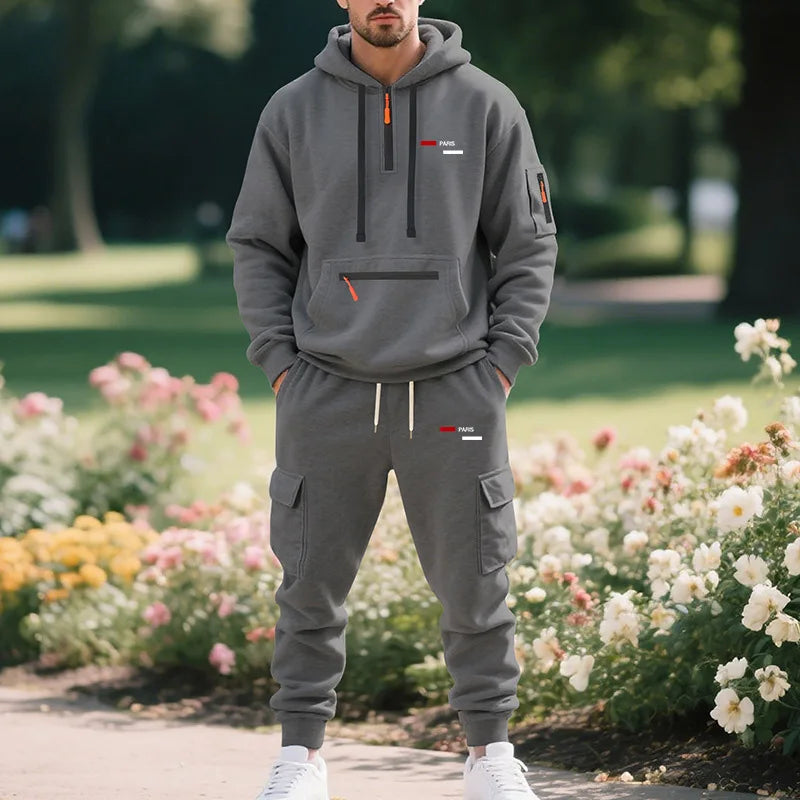 Winter men's fleece hooded sweatshirt, loose casual sports workwear jacket, half zip sweatshirt, couple style fashionable sports