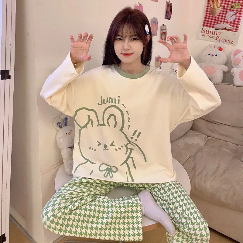 Women's Fall Winter Pajamas Women's Long-sleeved Pants Leisure Suit Women's Homewear Combed Cotton Cute Cartoon Homewear Suit Ms