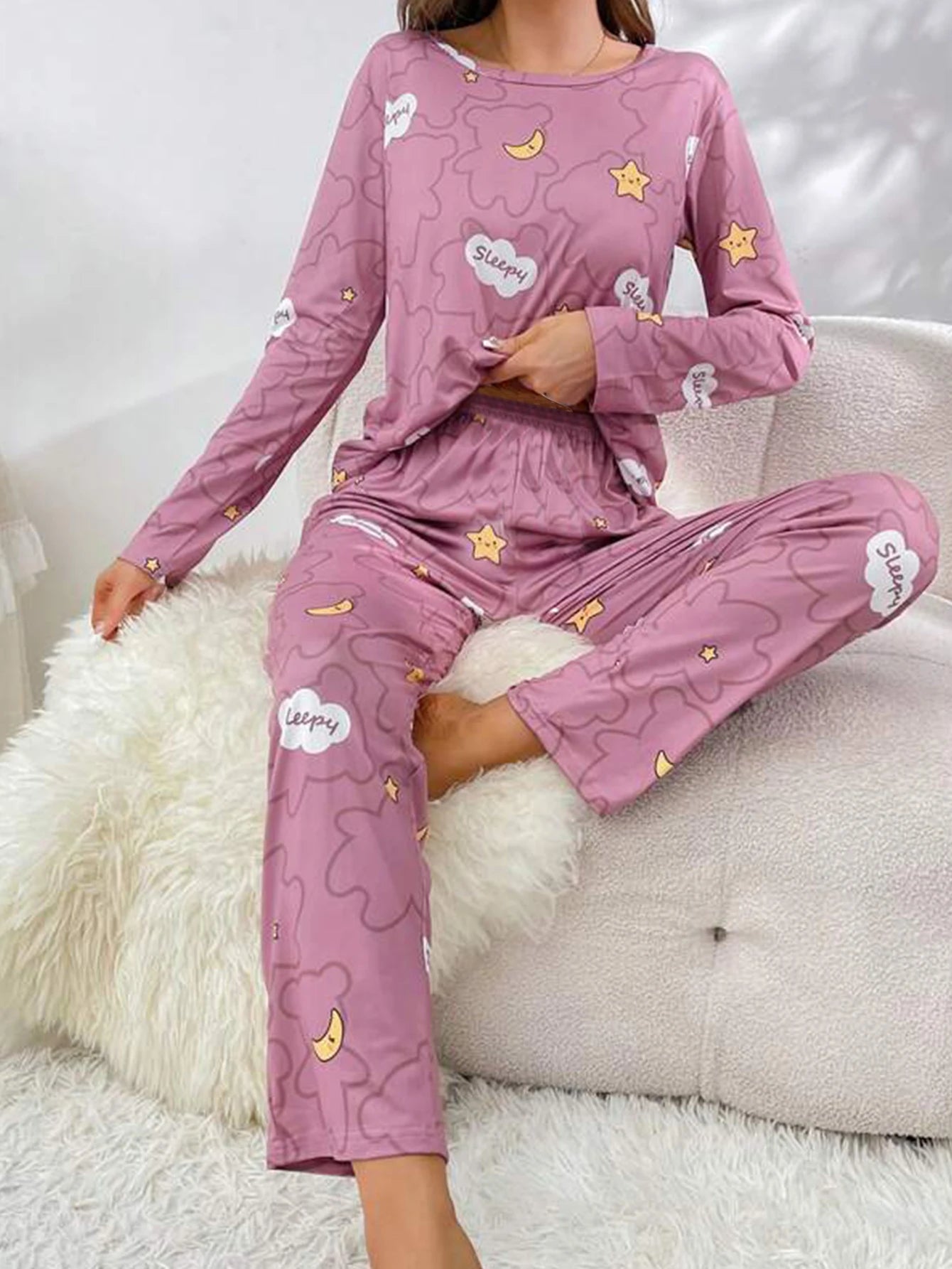 Women Pajama Set Cloud Moon Star Print Long Sleeve Round Crew Neck Top Elastic Pant  With Eye Mask Women's Sleepwear Loungerwear
