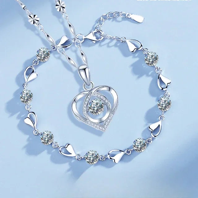 925 Sterling Silver Heart Shaped Necklace Bracelet Set for Women Vintage Korean Crystal Bracelets High Quality Set Party Jewelry