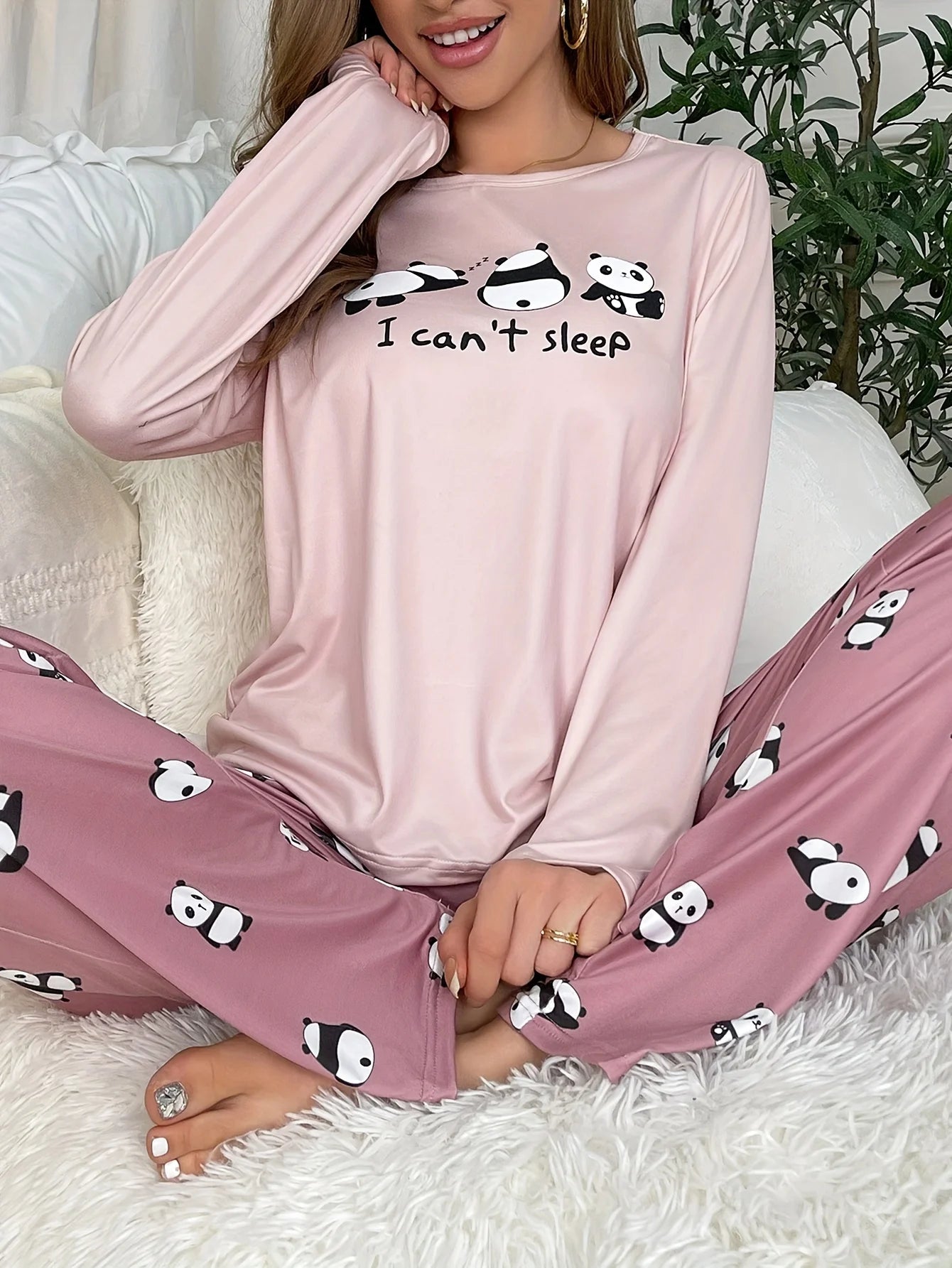 Women's new style pajamas set Cute Panda long sleeve pants two-piece casual home wear