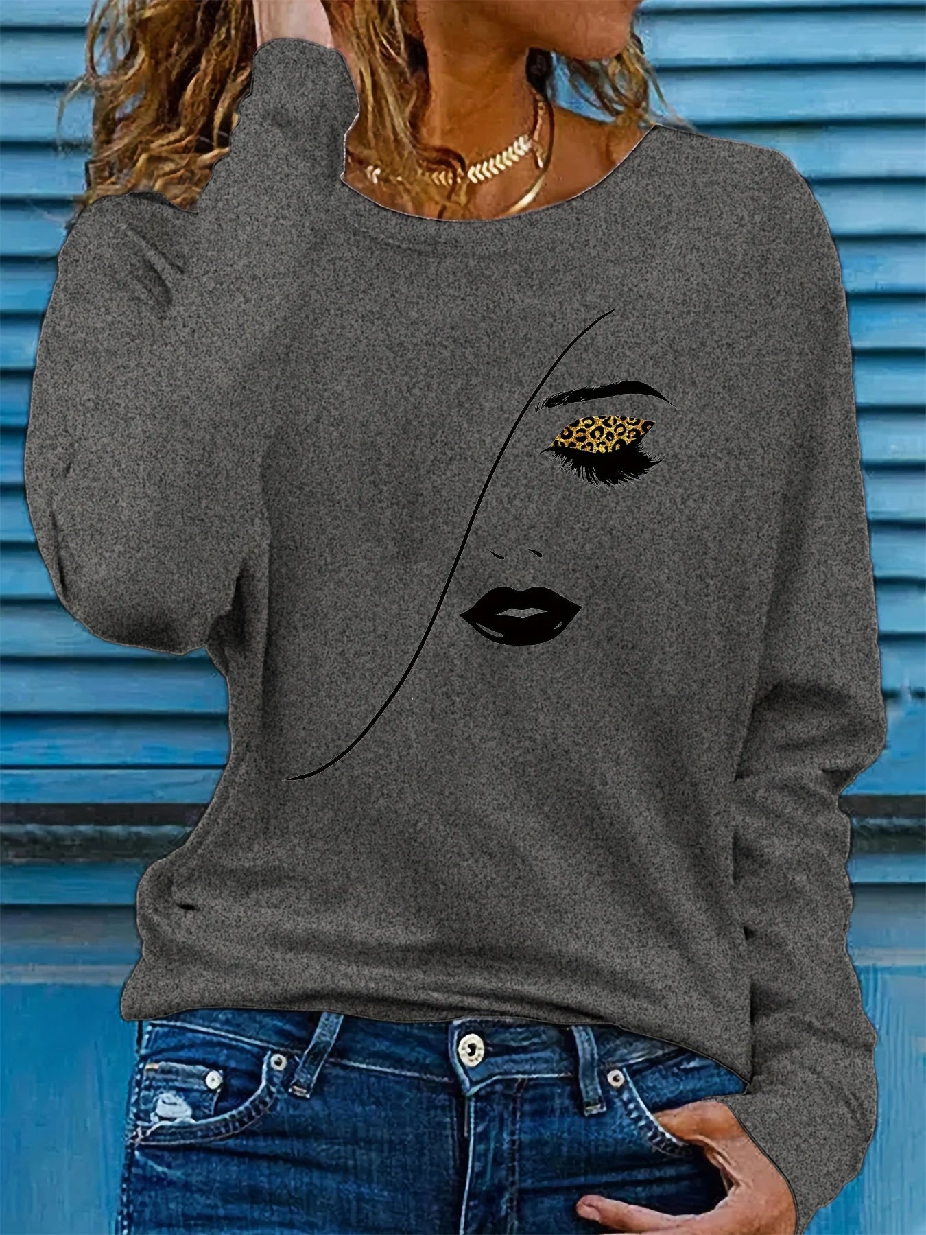 100% pure cotton women's spring and autumn comfortable casual long sleeved portrait print round neck T-shirt