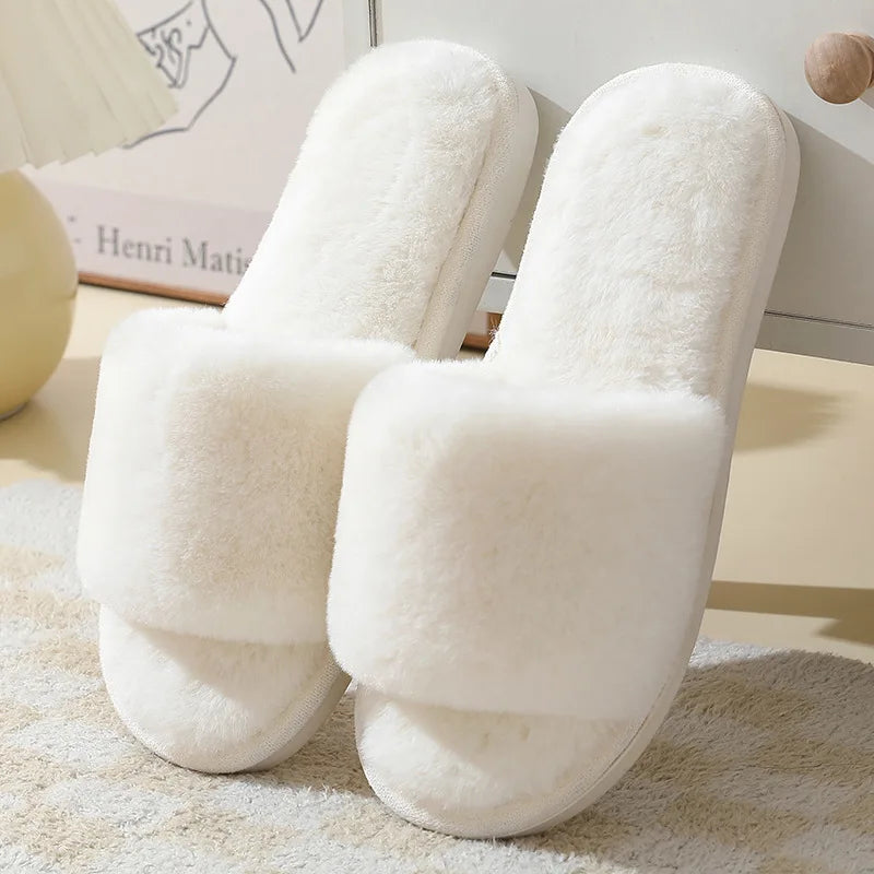 Women's Winter Open Toe House Slippers Fluffy Faux Fur Cross Strap Plush Slides Woman Solid Color Cozy Non Slip Indoor Slippers