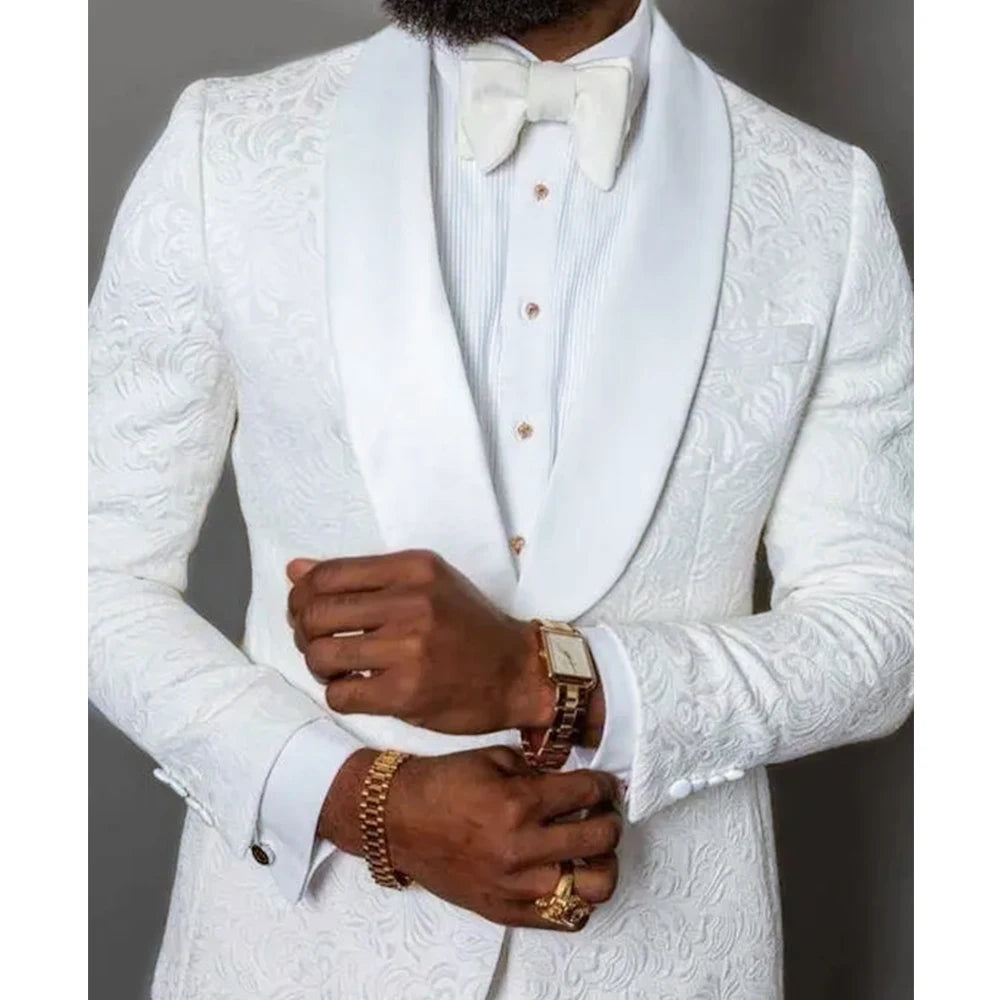 Handsome Men Suits White Jacquard One Button Shawl Lapel Slim Fit Blazer Elegant Business Prom Party 2 Piece Jacket Pants Sets