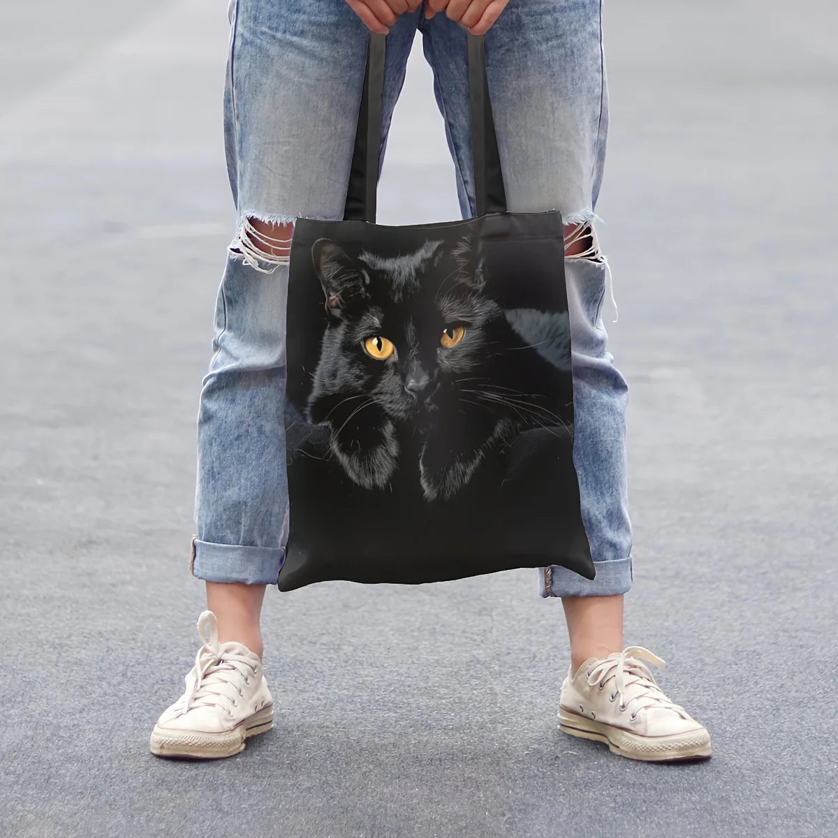 Chic Black Cat Pattern Shoulder Bag - Lightweight, Versatile Shopping & Storage Tote, 40X40cm