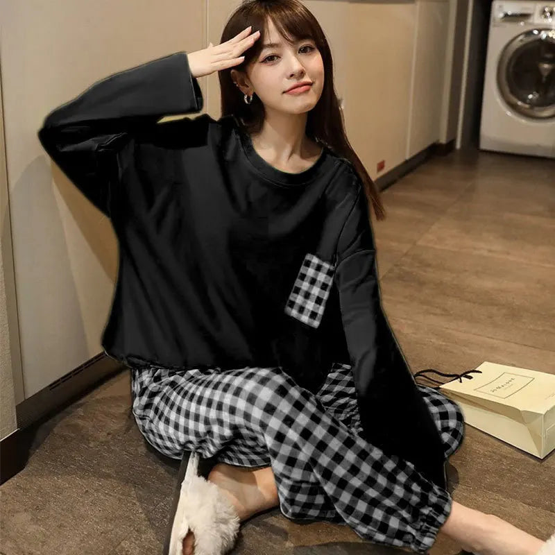 Women's Spring and Autumn Pajamas Homewear Set of Students Long-Sleeved Pajamas New Fashion Casual Plaid Ladies Homewear Set