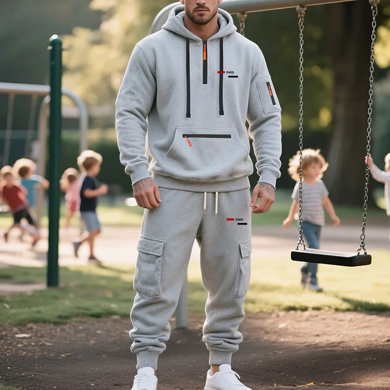 Winter men's fleece hooded sweatshirt, loose casual sports workwear jacket, half zip sweatshirt, couple style fashionable sports