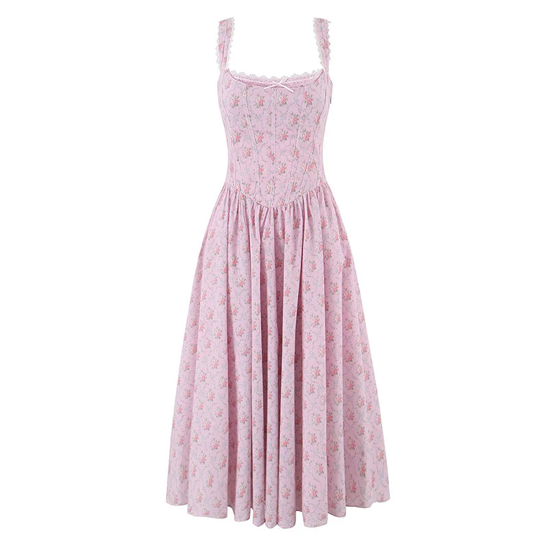 Elegant Women Pink Floral Print Sling Midi Long Dress Sexy Low Waist O Neck A-line Summer Dresses Chic Lady Vacation Party Robe