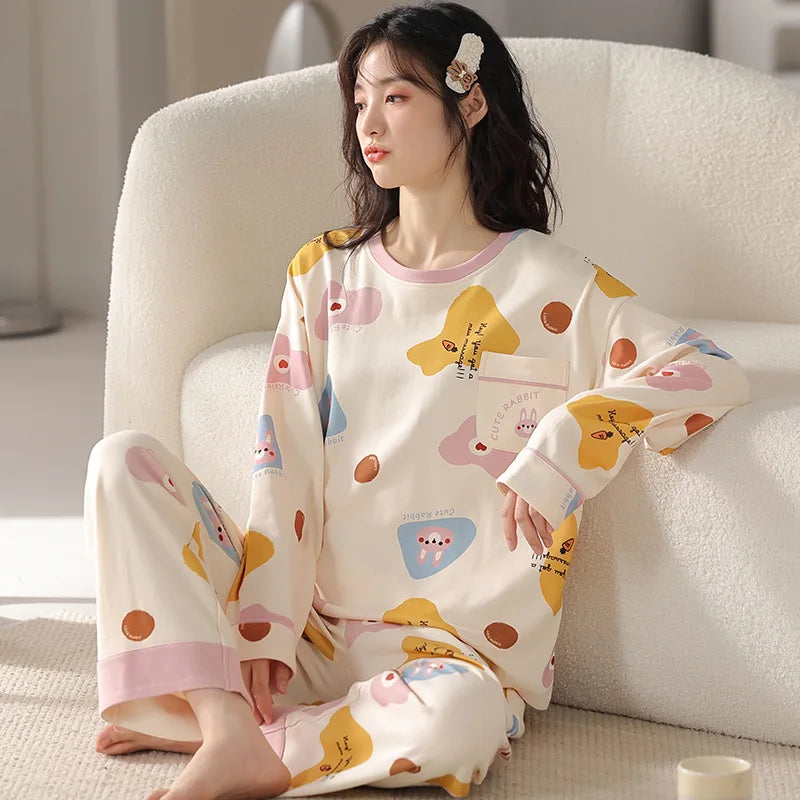 Women's Fall Winter Pajamas Women's Long-sleeved Pants Leisure Suit Women's Homewear Combed Cotton Cute Cartoon Homewear Suit Ms