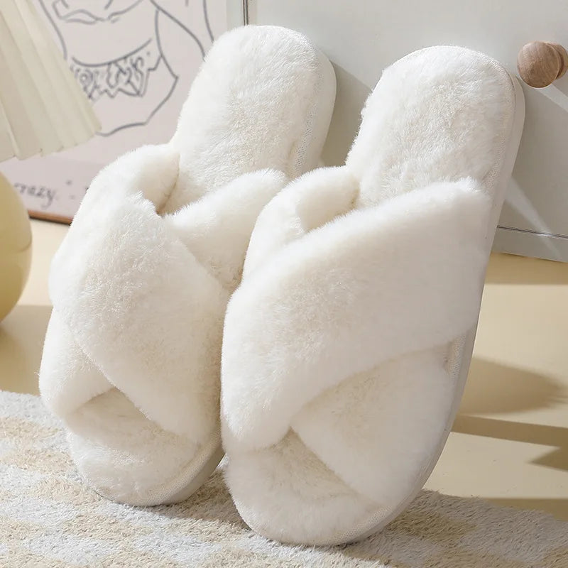Women's Winter Open Toe House Slippers Fluffy Faux Fur Cross Strap Plush Slides Woman Solid Color Cozy Non Slip Indoor Slippers