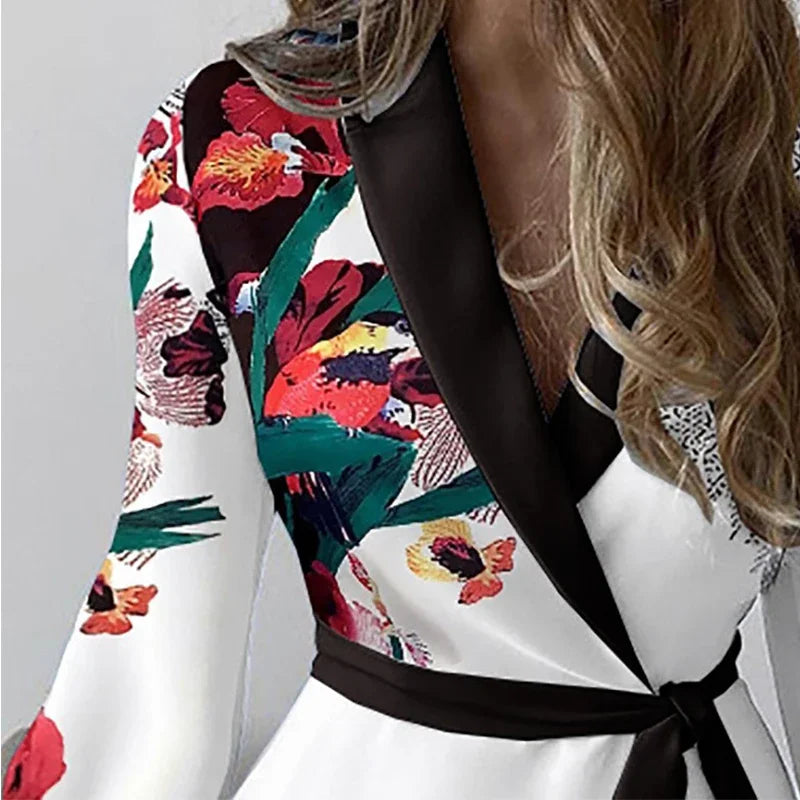Elegant Floral Print Patchwork Party Dress Spring Women V-neck Belted Mini Dresses Office Lady A-line Dress Vestidos Cortos