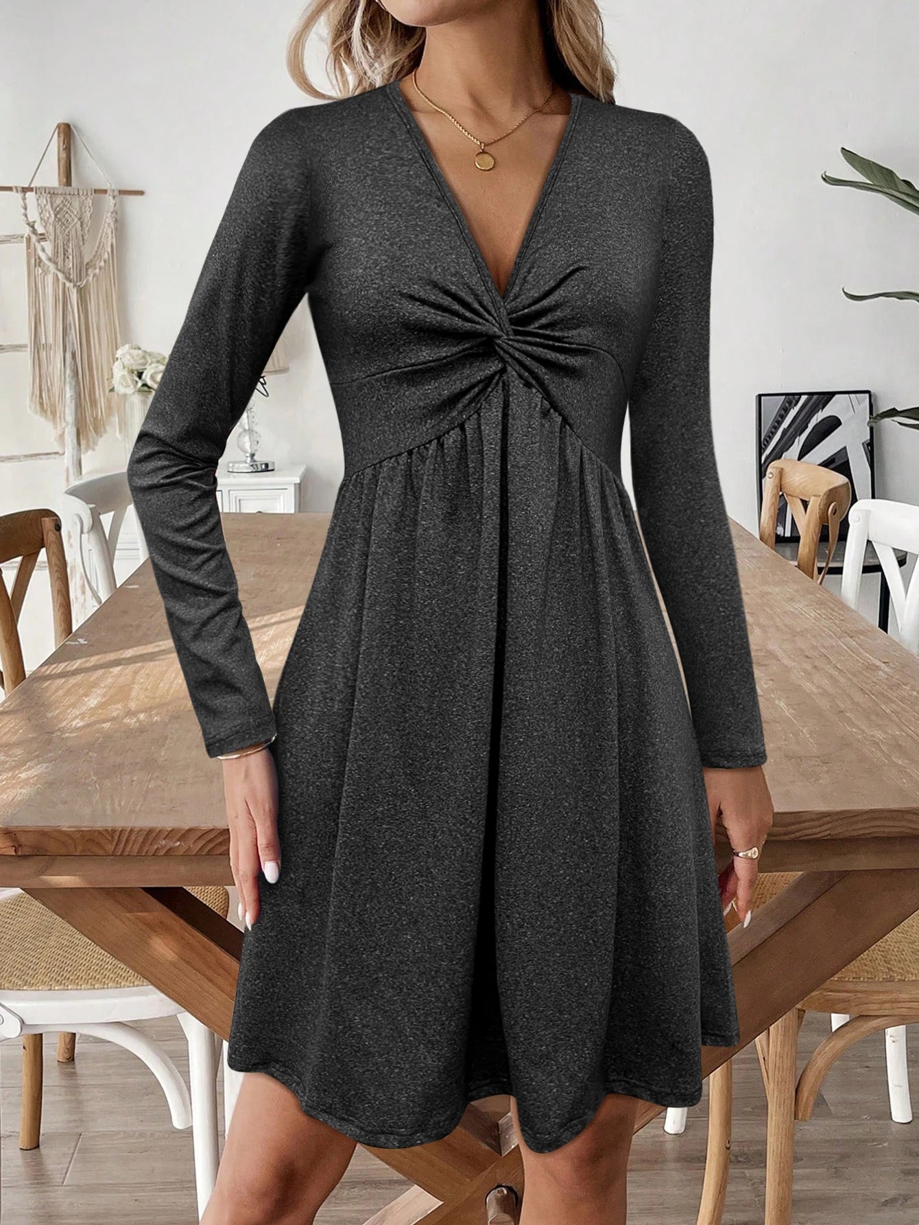 Women's Long - Sleeve V - Neck Dress, Front Twist Feature, Grey Tone, Great for Everyday & Semi - casual Looks