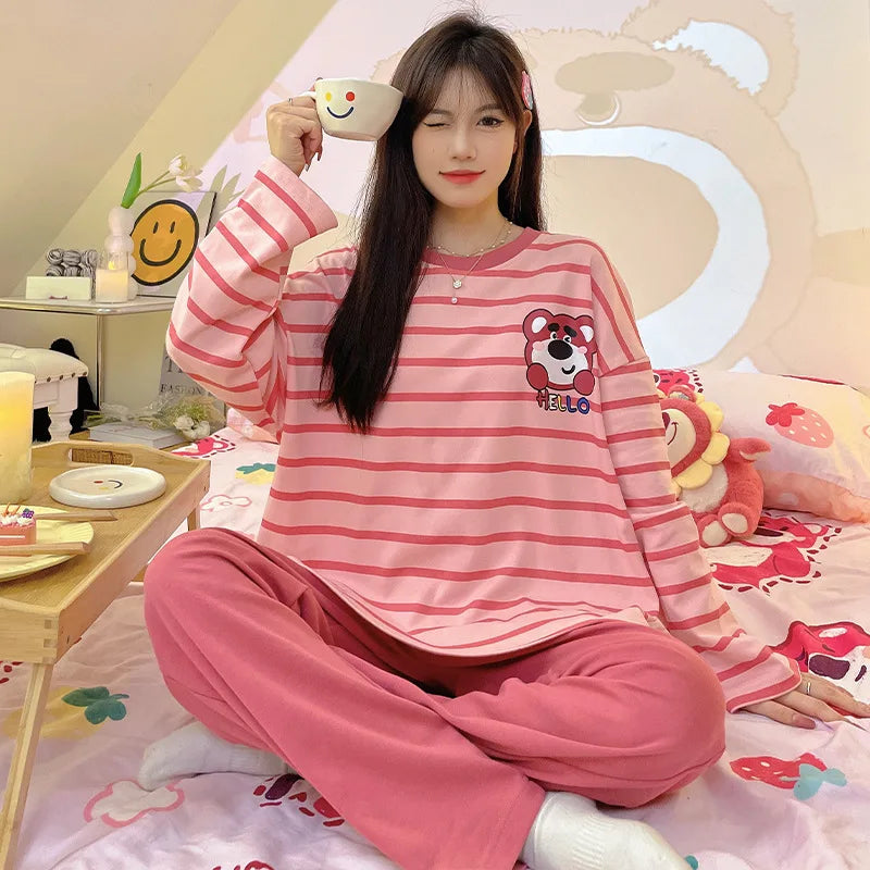 Women's Fall Winter Pajamas Women's Long-sleeved Pants Leisure Suit Women's Homewear Combed Cotton Cute Cartoon Homewear Suit Ms