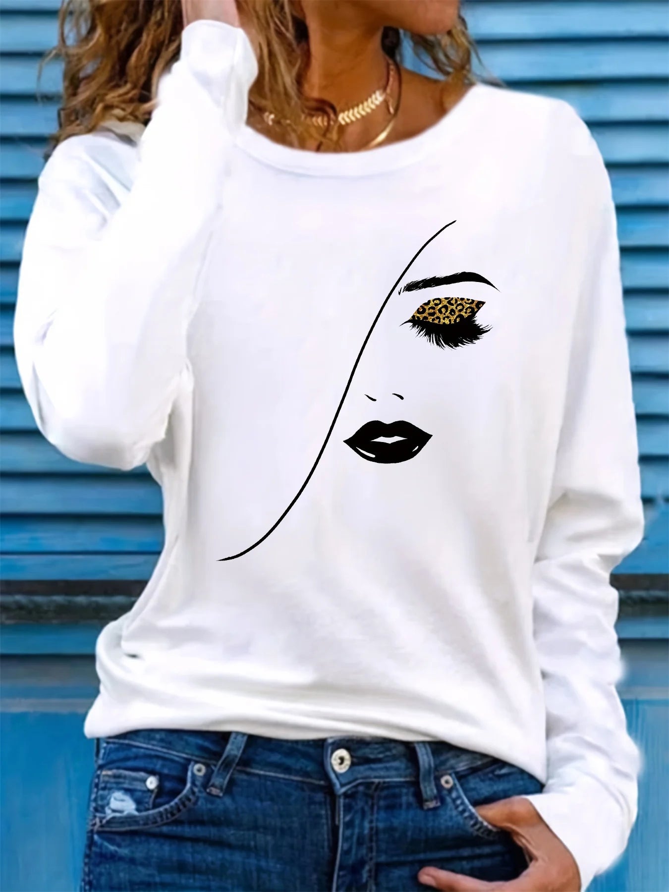 100% pure cotton women's spring and autumn comfortable casual long sleeved portrait print round neck T-shirt