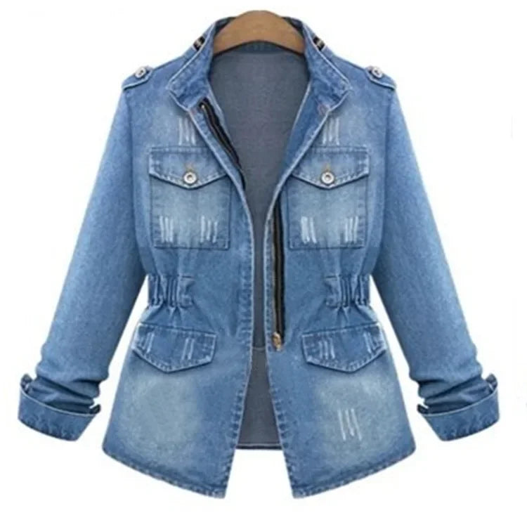 Ripped Stand Collar Long Sleeve Women Slim Washed Denim Jackets Coat Cardigan Spliced Distressed Outerwear Casual Zipper