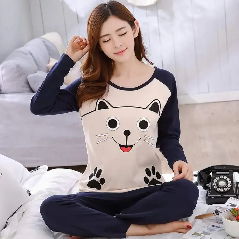 Autumn Thin 2pieces Pyjamas Set Women Round Neck Girls Bear Pajamas Sets Teacup Cat Full Sleepwear Tops lovers Pajama Mujer
