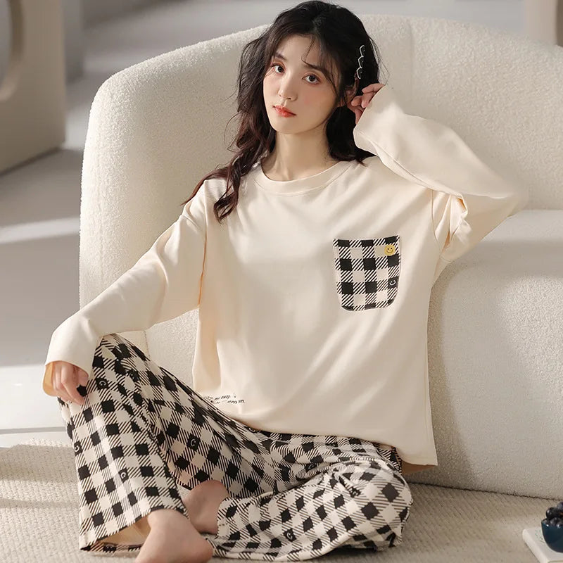 Women's Fall Winter Pajamas Women's Long-sleeved Pants Leisure Suit Women's Homewear Combed Cotton Cute Cartoon Homewear Suit Ms
