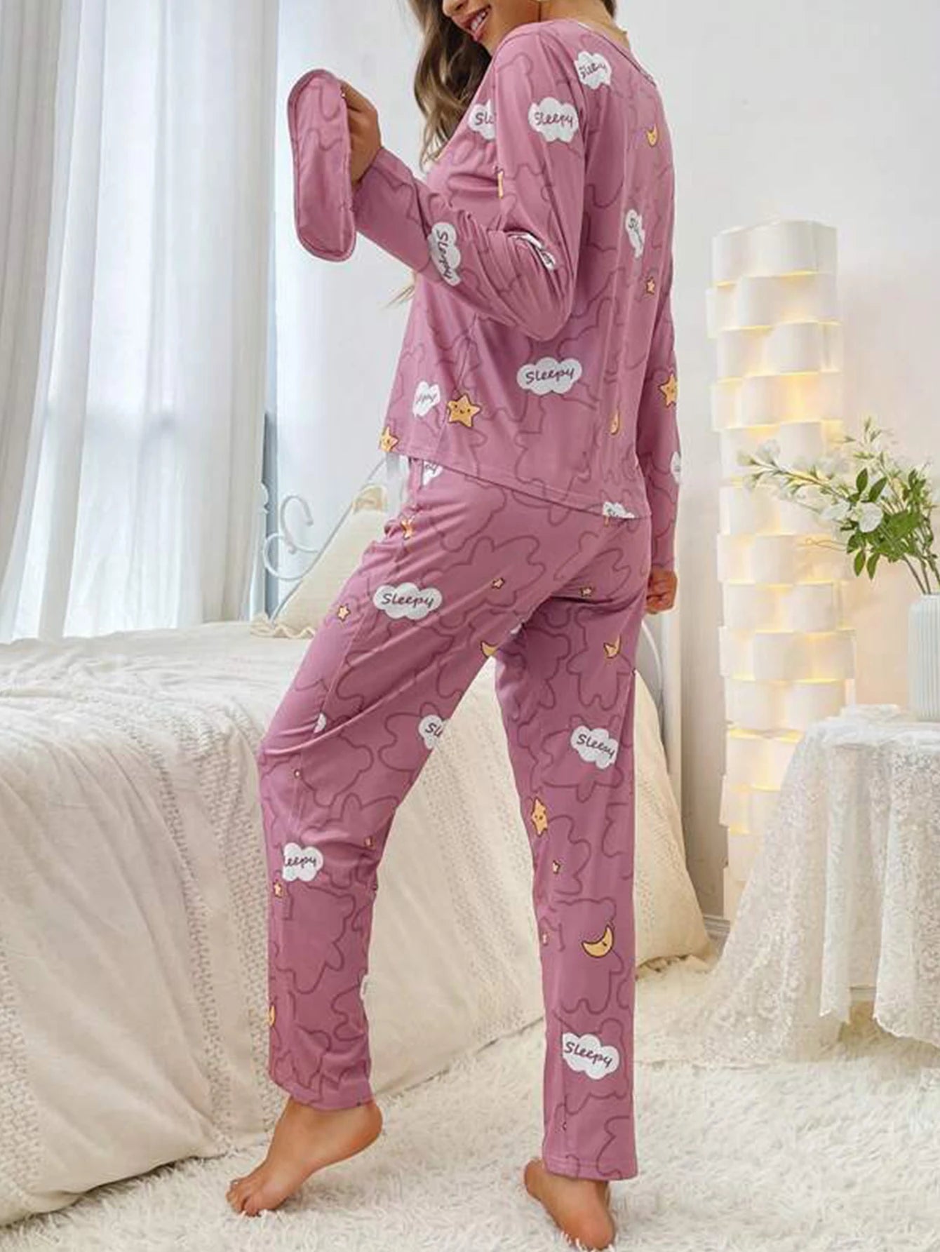 Women Pajama Set Cloud Moon Star Print Long Sleeve Round Crew Neck Top Elastic Pant  With Eye Mask Women's Sleepwear Loungerwear