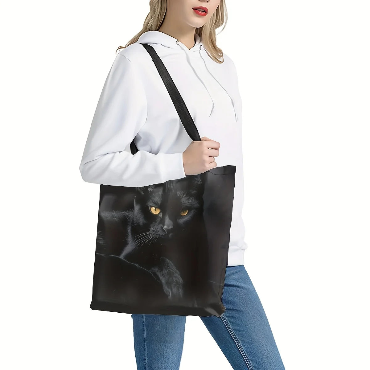 Chic Black Cat Pattern Shoulder Bag - Lightweight, Versatile Shopping & Storage Tote, 40X40cm