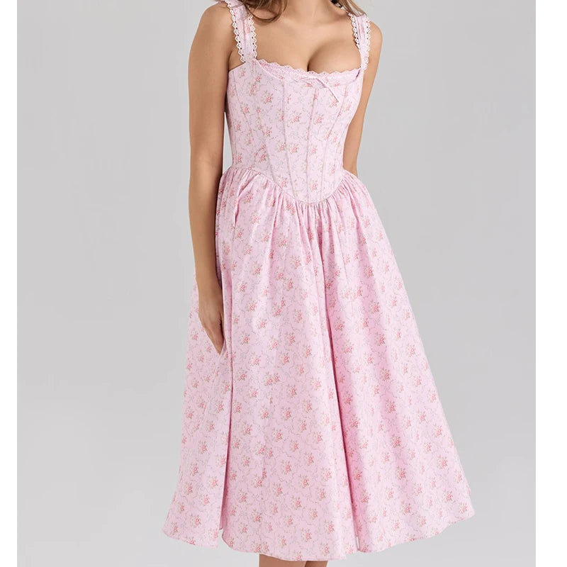 Elegant Women Pink Floral Print Sling Midi Long Dress Sexy Low Waist O Neck A-line Summer Dresses Chic Lady Vacation Party Robe